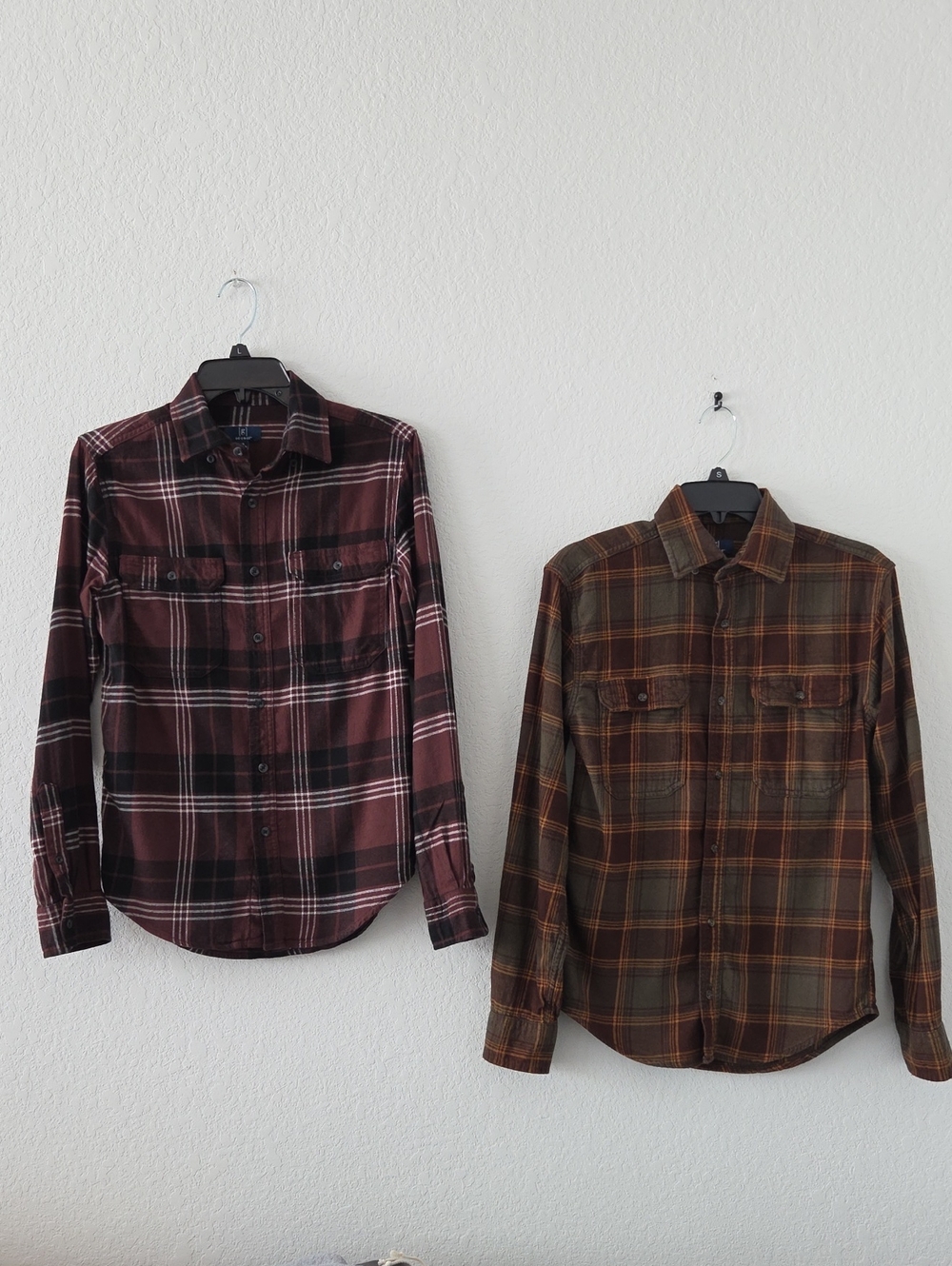2 Shirts-George Men’s Burgundy Brownv& Olive Green Plaid Button-Down Flannels XS